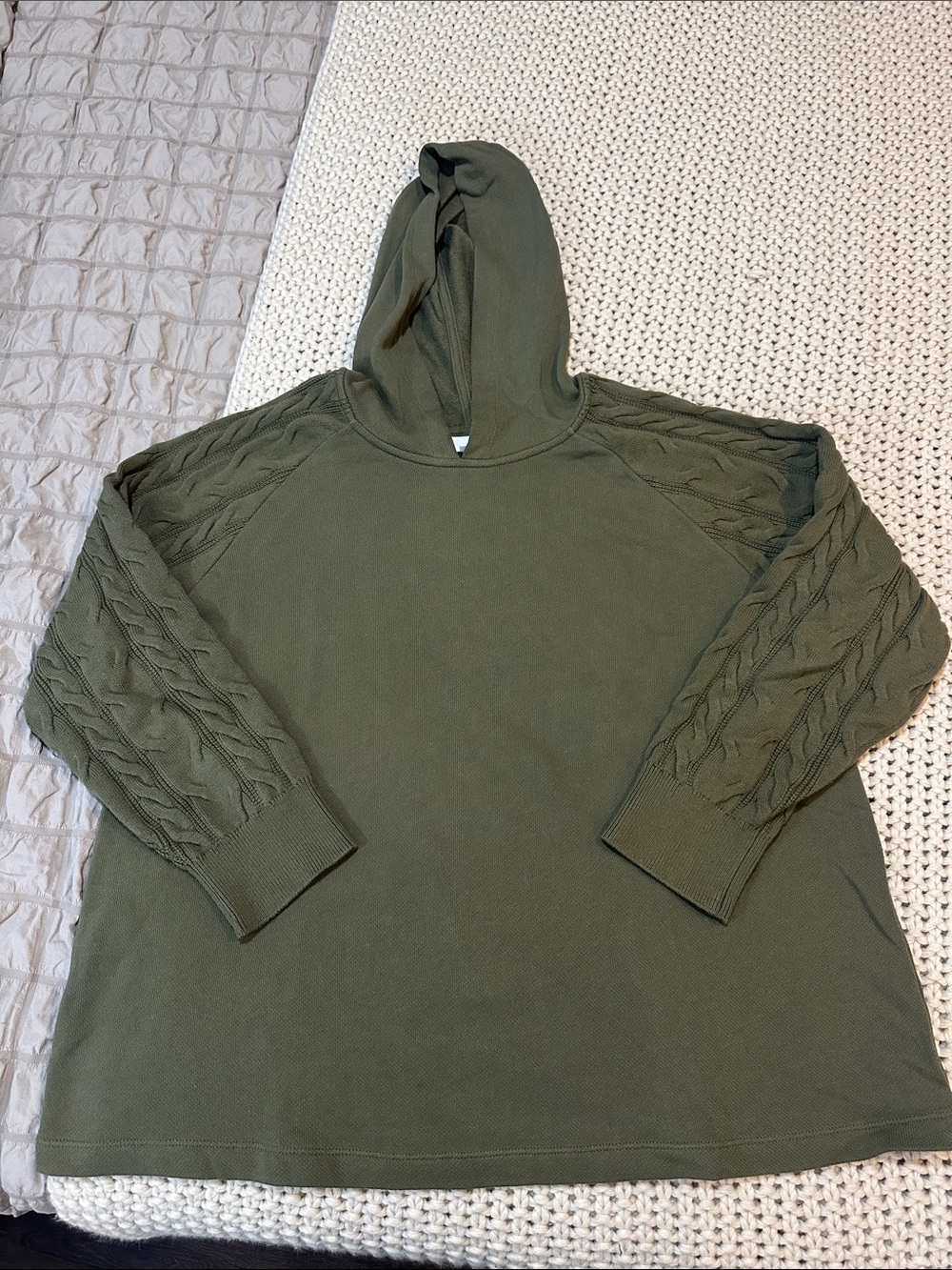 J. Jill Olive Green Hooded Cable-Knit Sleeve Pullover